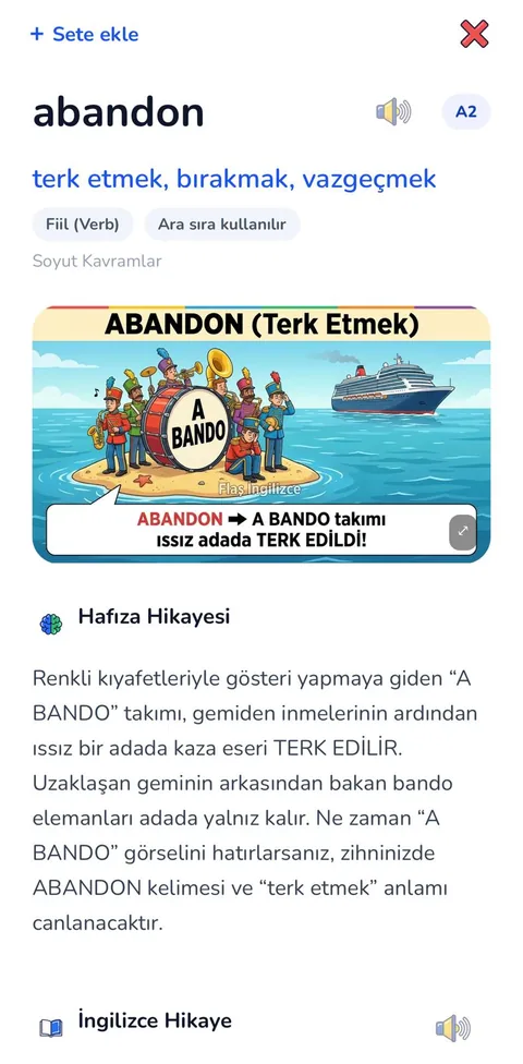abandon kelimesinin kartı: görseli ve Türkçe hafıza hikayesi