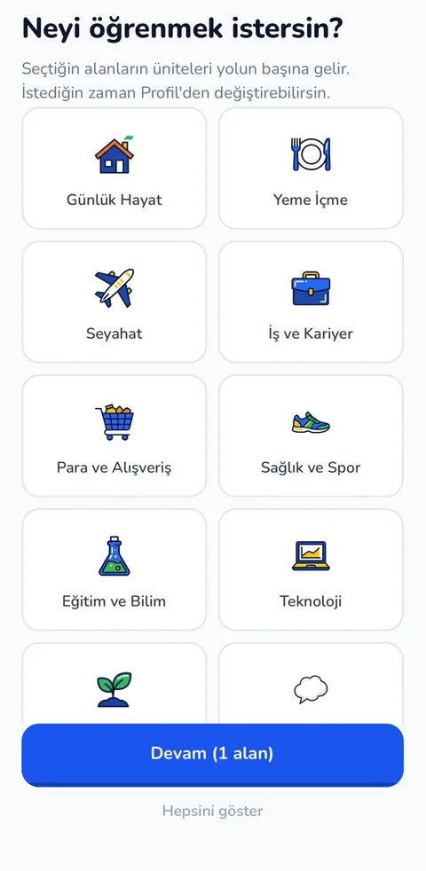 İlgi alanları: günlük hayat, yeme içme, seyahat, iş ve kariyer, para, sağlık, eğitim, teknoloji kartları