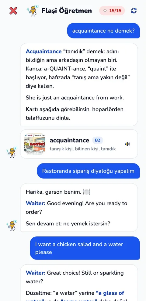 Öğretmenle İngilizce rol yapma: restoran senaryosu, öğrencinin cevabı ve tek satırlık düzeltme