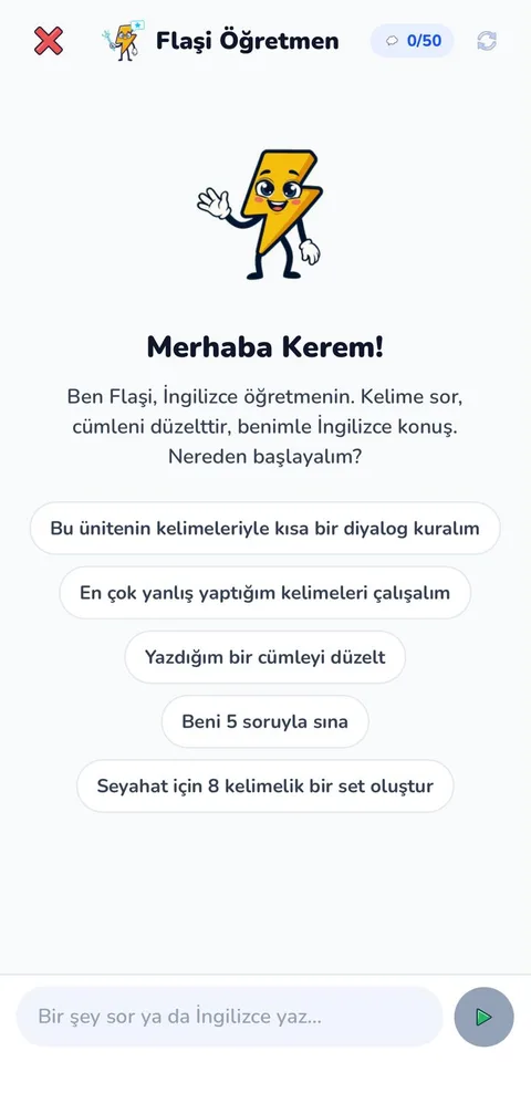 Flaşi Öğretmen sohbeti: selam ve öneri çipleri — diyalog kur, yanlışlarımı çalış, cümlemi düzelt, beni sına, set oluştur
