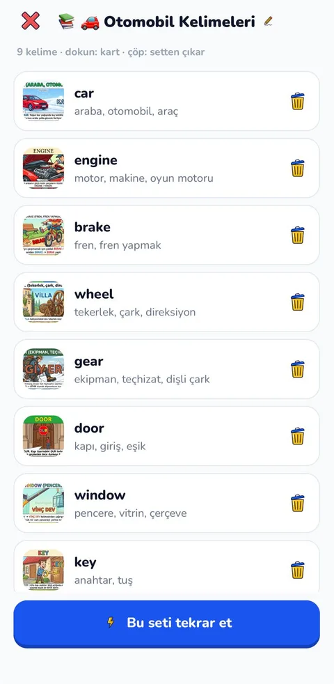 Otomobil Kelimeleri seti: car, engine, brake, wheel gibi kelimeler görselleriyle listede