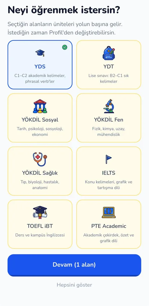 Sınav hatları: YDS, YDT, YÖKDİL Sosyal, YÖKDİL Fen, YÖKDİL Sağlık, IELTS, TOEFL iBT ve PTE Academic kartları