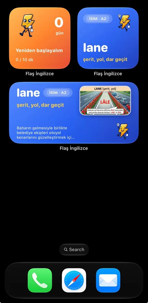 Ana ekran widget'ları: turuncu Seri widget'ı ve mavi Flaş Kart widget'ı; lane — şerit, yol, dar geçit, görseli ve hikâyesiyle